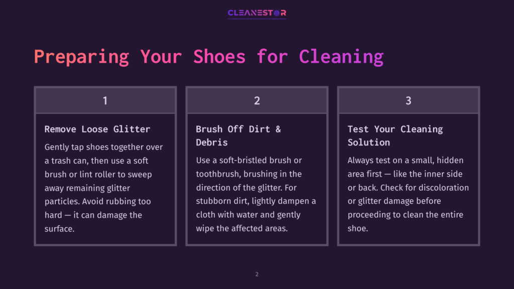 2 Preparing Your Shoes For Cleaning Three Dark Purple Panels With White Text And Step-By-Step Instructions For Preparing Shoes For Cleaning: 1. Remove Loose Glitter, 2. Brush Off Dirt &Amp; Debris, 3. Test Your Cleaning Solution.