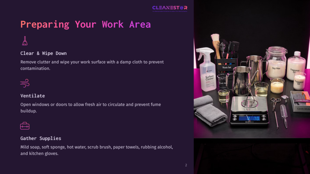 A Dark Purple Background With White Text Reads &Quot;Cleanestor Preparing Your Work Area.&Quot; To The Right, A Well-Organized Workspace For Candle Making Features A Digital Scale, Cleaning Supplies, Fragrance Oils, Soy Wax, And Tools.