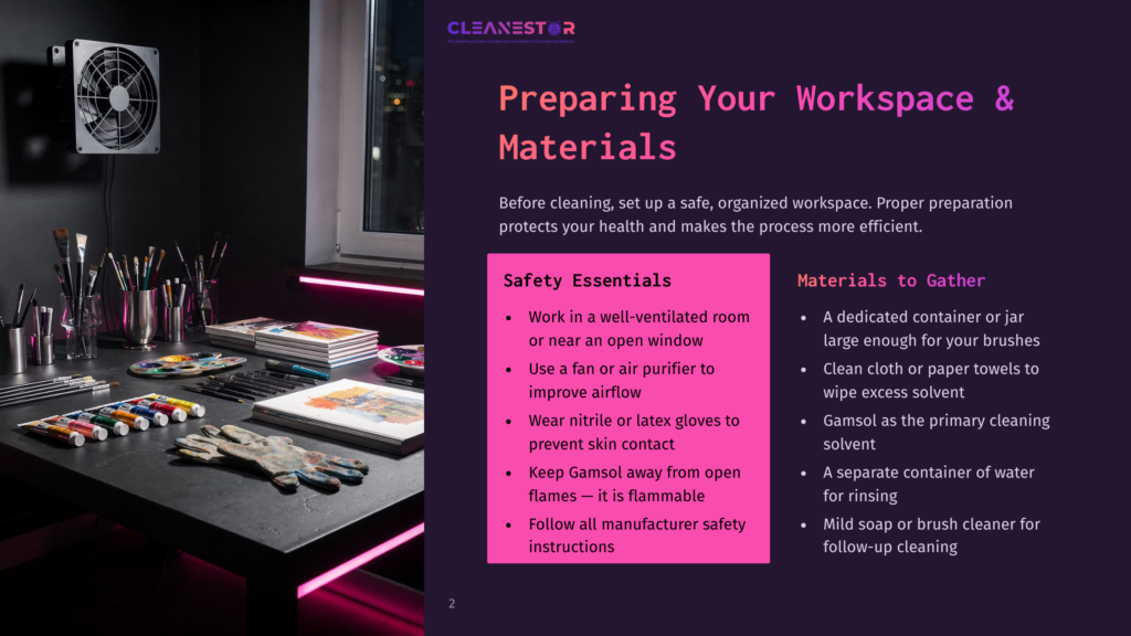 A Clean Art Studio Workspace With Art Supplies, Including Paint Tubes, Brushes, And Gloves, Neatly Arranged On A Dark Table. The Text &Quot;Cleanestor Preparing Your Workspace &Amp; Materials&Quot; Is Visible.