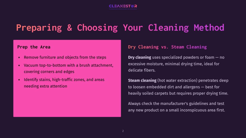 Presentation Slide Titled &Quot;Preparing &Amp; Choosing Your Cleaning Method&Quot; With Two Columns: &Quot;Prep The Area&Quot; And &Quot;Dry Cleaning Vs. Steam Cleaning&Quot;.