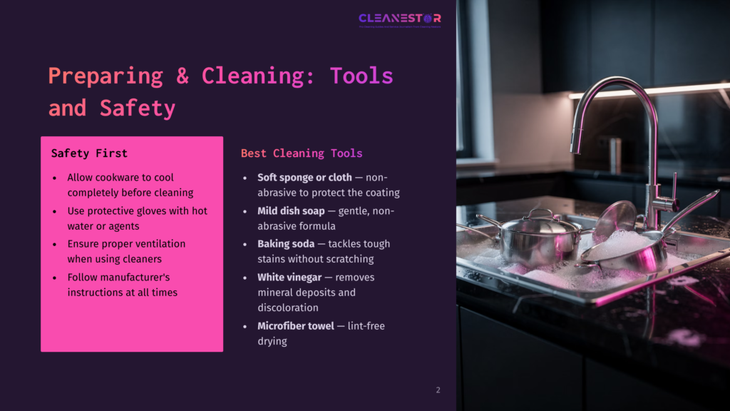 A Clean Kitchen Sink Filled With Soapy Water And Dishes, With Cleaning Supplies And Text Overlay Detailing &Quot;Preparing &Amp; Cleaning: Tools And Safety&Quot; And &Quot;Best Cleaning Tools&Quot; Like Soft Sponges And Mild Dish Soap.