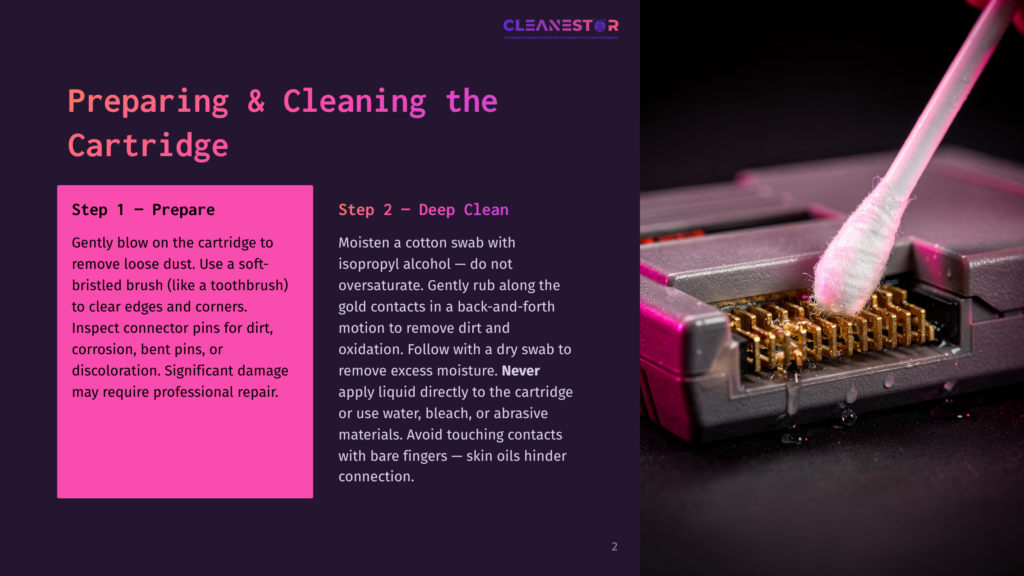 A Cotton Swab With Isopropyl Alcohol Gently Cleans The Gold Contacts Of A Retro Video Game Cartridge, With Water Droplets Visible On The Cartridge'S Pins.
