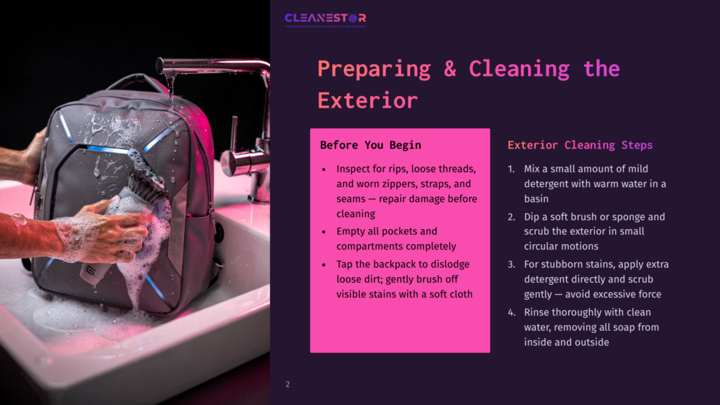 A Person'S Hands Wash A Grey Backpack With A Brush And Soap Suds Under A Faucet, With A &Quot;Cleanestor&Quot; Logo Visible.