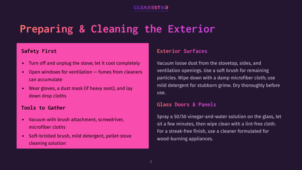 A Slide Titled &Quot;Preparing &Amp; Cleaning The Exterior&Quot; With Sections On &Quot;Safety First&Quot; And &Quot;Exterior Surfaces&Quot; Detailing Cleaning Steps For Different Areas.