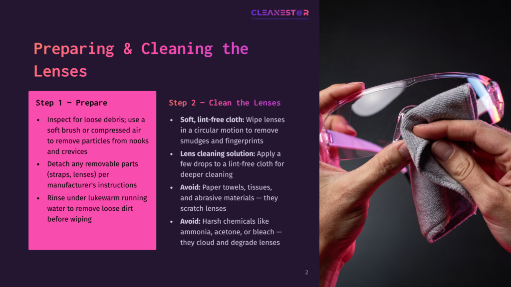 Close-Up Of Hands Cleaning Clear Safety Glasses With A Grey Microfiber Cloth. The Glasses Have A Clear Frame And Are Held At An Angle, Showing Their Lenses. The Background Is Dark And Out Of Focus.