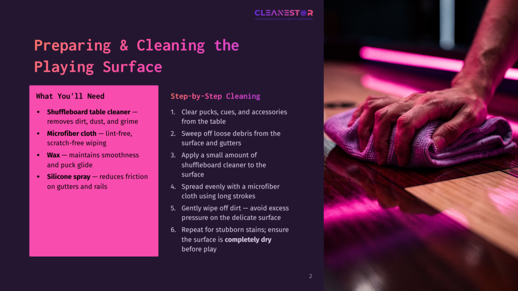 2 Preparing And Cleaning The Playing Surface Close-Up Of A Person'S Hands Gently Wiping A Smooth Shuffleboard Table With A Purple Microfiber Cloth, Following Cleaning Instructions. The Text On The Left Lists Cleaning Supplies And Steps.
