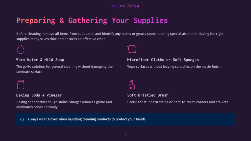 Infographic Displaying Essential Cleaning Supplies For An Effective Clean, Featuring Warm Water, Mild Soap, Microfiber Cloths, Soft Sponges, Baking Soda, Vinegar, And A Soft-Bristled Brush.