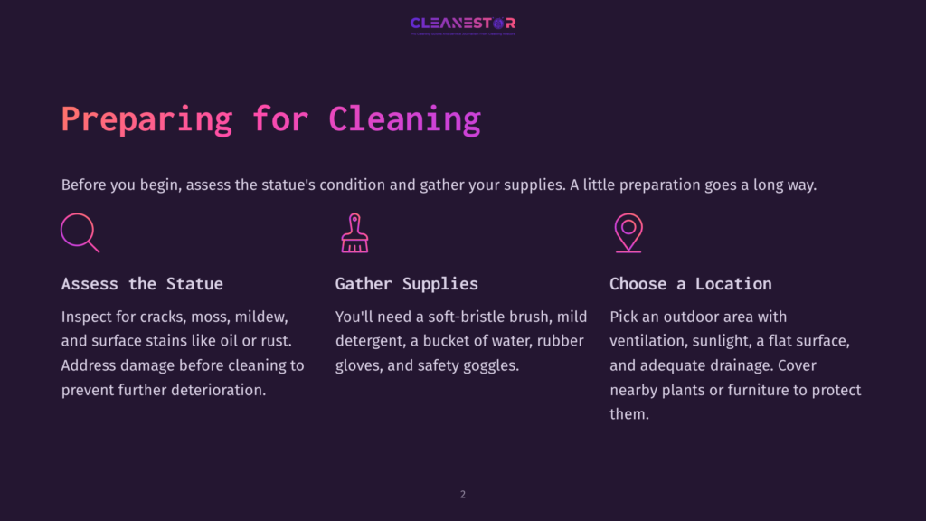 2 Preparing For Cleaning 1 Illustration Of Three Icons: A Magnifying Glass Over A Statue, A Paint Brush, And A Location Pin, With Text &Quot;Preparing For Cleaning&Quot; And &Quot;Assess The Statue,&Quot; &Quot;Gather Supplies,&Quot; And &Quot;Choose A Location.