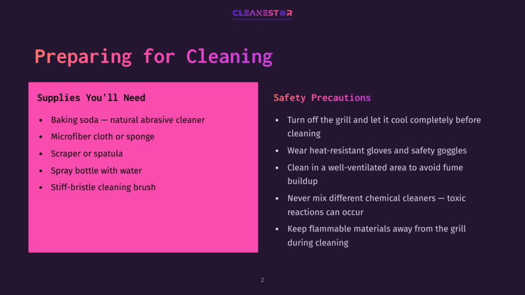 2 Preparing For Cleaning 10 Presentation Slide Titled &Quot;Preparing For Cleaning&Quot; With Two Columns: &Quot;Supplies You'Ll Need&Quot; Listing Baking Soda, Microfiber Cloth, Scraper, Spray Bottle, And Brush; And &Quot;Safety Precautions&Quot; Outlining Grill Shutdown, Protective Gear, Ventilation, And Chemical Mixing Warnings.