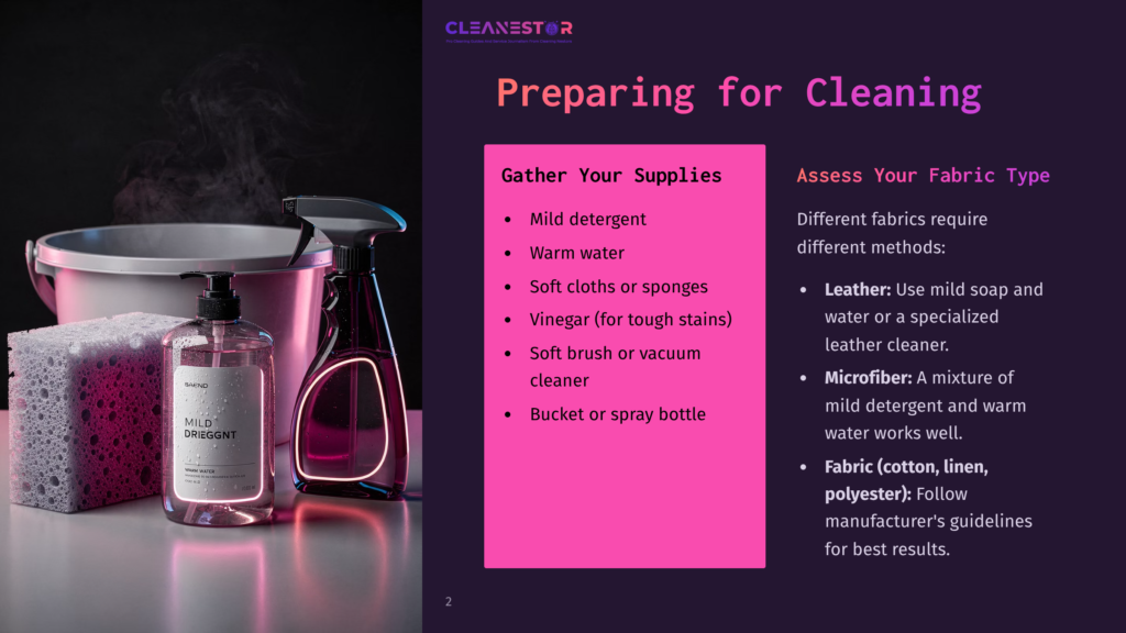 2 Preparing For Cleaning A Cleaning Supplies Still Life Featuring A Bucket, Sponge, And Spray Bottle, Alongside A Graphic Overlay Detailing How To Prepare For Cleaning, Including Fabric Assessment And Supply Gathering.
