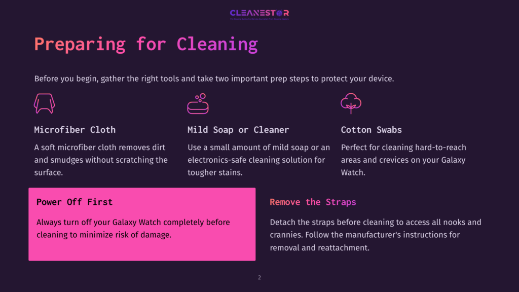 Preparing For Cleaning Galaxy Watch With A Microfiber Cloth, Mild Soap Or Cleaner, And Cotton Swabs.