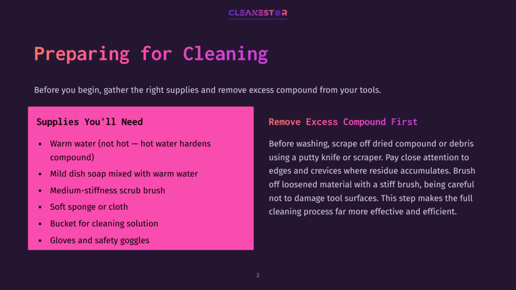 Slide Titled &Quot;Preparing For Cleaning&Quot; With Text Listing Supplies Like Warm Water, Mild Dish Soap, Scrub Brush, Soft Sponge, Bucket, Gloves, And Safety Goggles. Right Side Details How To Remove Excess Compound First.