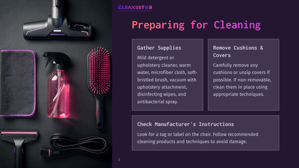 2 Preparing For Cleaning 19 An Infographic Displays Various Cleaning Supplies On A Black Background, Including A Vacuum Cleaner, A Bottle Of Cleaning Solution, A Brush, And A Microfiber Cloth, With Text Instructions For Preparing For Cleaning.