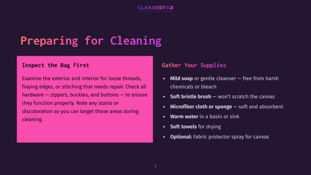 A Dark Purple Slide Titled &Quot;Preparing For Cleaning&Quot; With A Pink Box On The Left Titled &Quot;Inspect The Bag First&Quot; And A Dark Purple Section On The Right Titled &Quot;Gather Your Supplies.