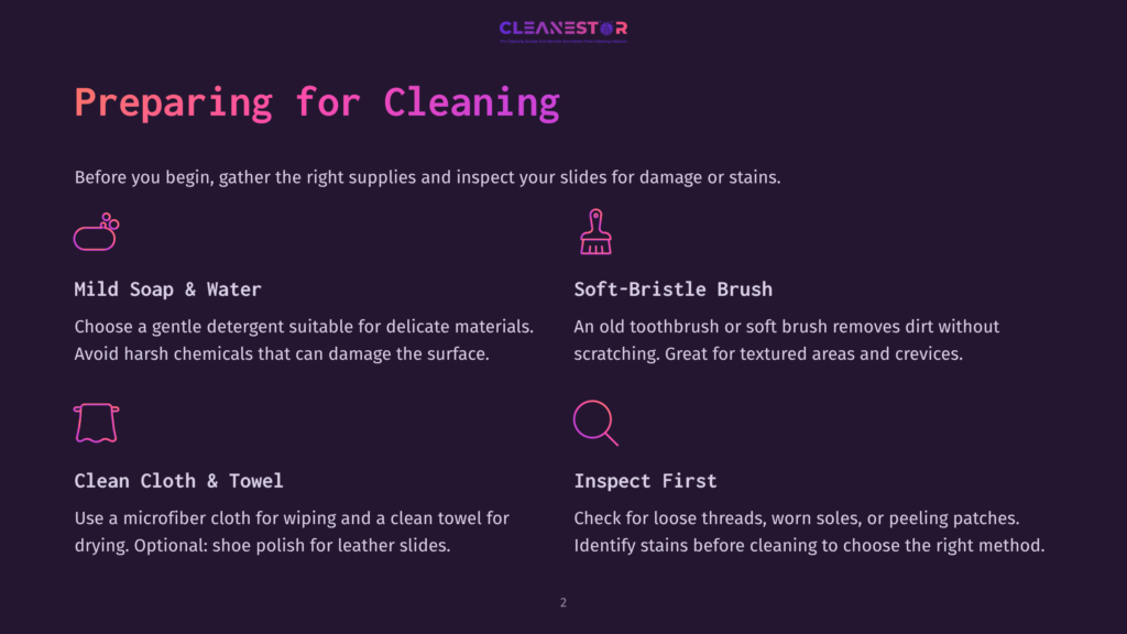 Infographic Titled &Quot;Preparing For Cleaning&Quot; With Icons And Text Detailing Cleaning Supplies: Mild Soap And Water, Soft-Bristle Brush, Clean Cloth &Amp; Towel, And Inspect First.