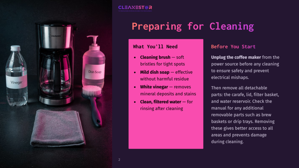 Coffee Maker, Vinegar, And Dish Soap With Brush Are Laid Out On A Dark Countertop, Ready For Cleaning, With Text &Quot;Cleanestor&Quot; And &Quot;Preparing For Cleaning&Quot;.