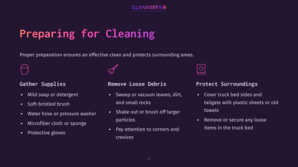 Presentation Slide Titled &Quot;Preparing For Cleaning&Quot; With Three Sections: &Quot;Gather Supplies,&Quot; &Quot;Remove Loose Debris,&Quot; And &Quot;Protect Surroundings,&Quot; Featuring Icons And Bullet Points For Effective Cleaning Preparation.