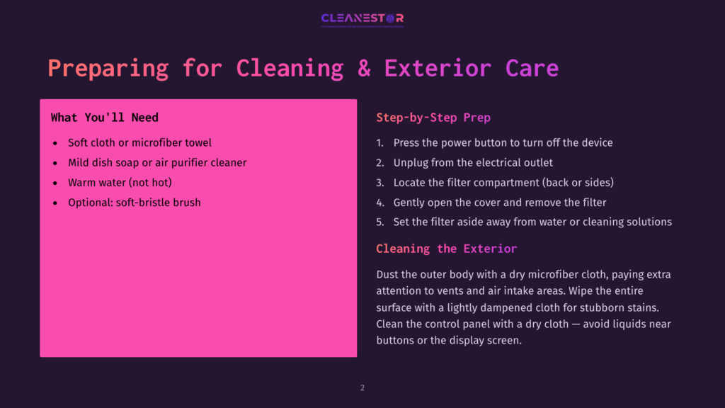 Cleanestor Air Purifier Cleaning Guide: What You'Ll Need Includes Soft Cloth, Microfiber Towels, Mild Dish Soap, And A Soft-Bristle Brush. Step-By-Step Prep Involves Powering Off, Unplugging, And Removing The Filter.