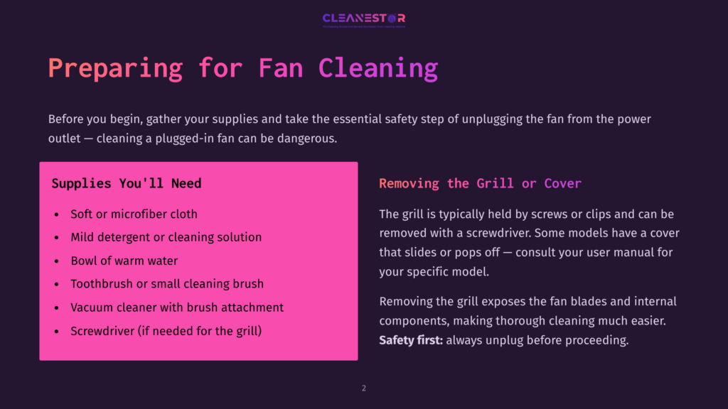 Preparing For Fan Cleaning: Supplies Needed Include Microfiber Cloth, Mild Detergent, Bowl, Toothbrush, Vacuum Cleaner, And Screwdriver. Instructions For Removing The Grill Are Also Displayed.
