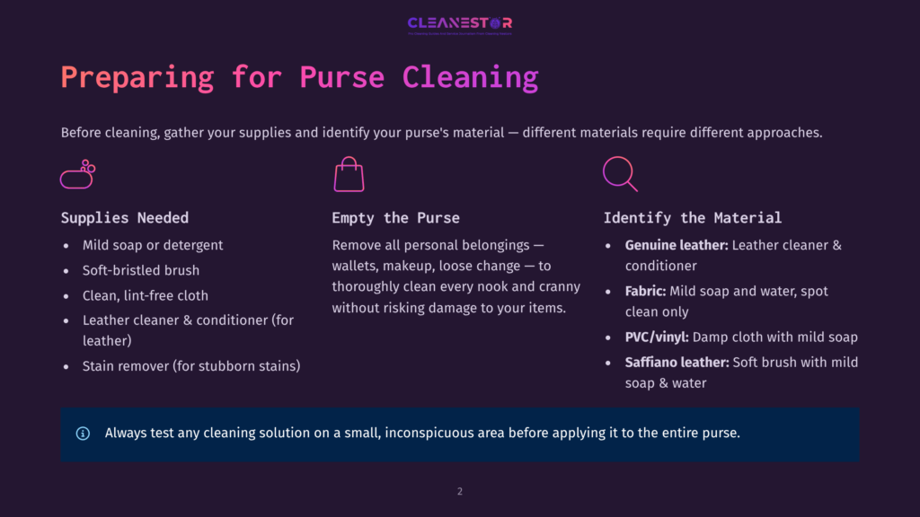 Purple Graphic With Text &Quot;Cleanestor&Quot; And &Quot;Preparing For Purse Cleaning.&Quot; Sections Detail Supplies Needed, How To Empty The Purse, And How To Identify The Material, Including Leather And Pvc/Vinyl.