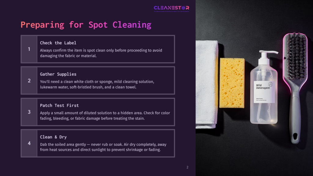 Steps For Spot Cleaning With A Bottle Of Mild Detergent, A Sponge, A Soft-Bristled Brush, And A Towel On A Black Background.