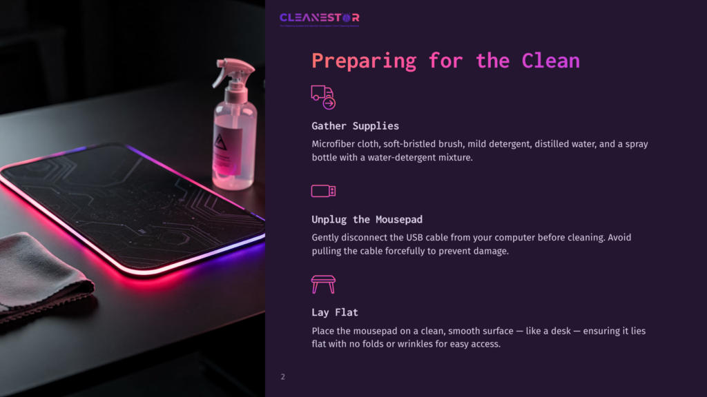 Cleanestor Logo And Instructions For Preparing A Mousepad For Cleaning: Gather Supplies, Unplug The Mousepad, And Lay It Flat On A Smooth Surface.