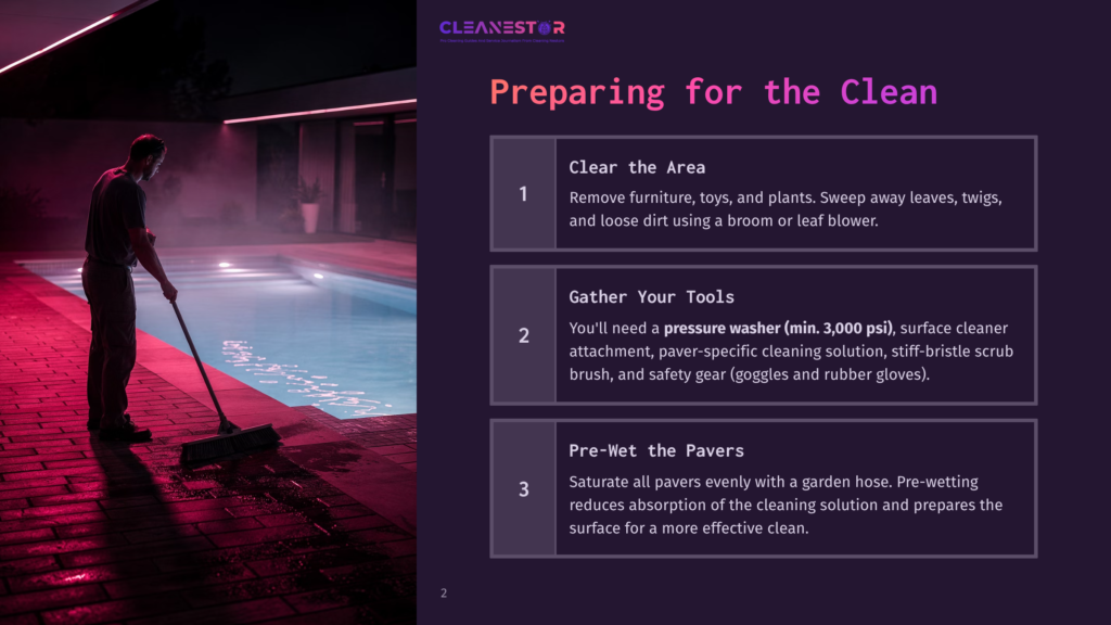 2 Preparing For The Clean 3 A Man In A Dark Shirt Sweeps The Brick Patio Around A Modern Pool At Dusk, With The Text &Quot;Cleanestor Preparing For The Clean&Quot; Visible.