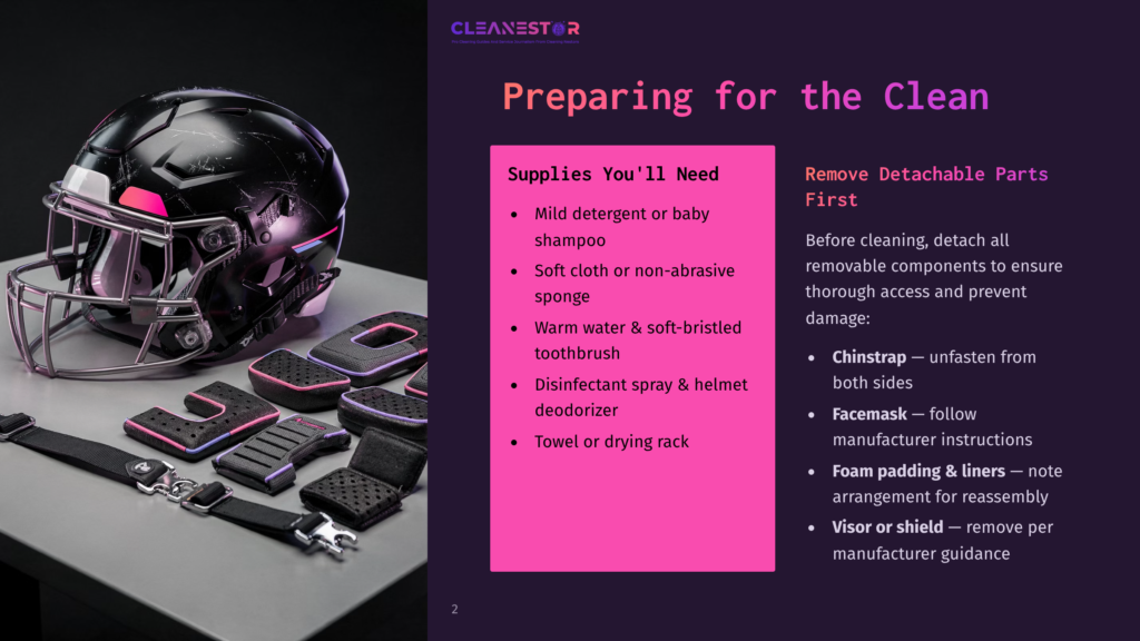 A Black Football Helmet And Its Protective Padding Are Laid Out On A Surface, Ready For Cleaning. Text On A Pink Card Reads &Quot;Supplies You'Ll Need&Quot; And Lists Cleaning Items.