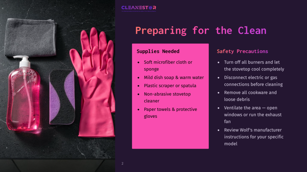 Pink Rubber Cleaning Gloves, A Bottle Of Pink Cleaning Soap, And A Sponge Sit On A Dark Countertop Next To A Gray Microfiber Cloth. The Image Includes Text: &Quot;Cleanestor Preparing For The Clean Supplies Needed Safety Precautions.