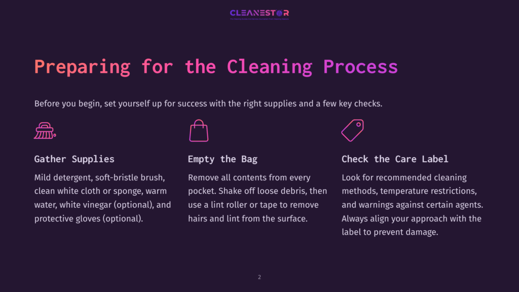 Infographic Titled &Quot;Preparing For The Cleaning Process&Quot; With Icons And Text Detailing Cleaning Supplies, Emptying The Bag, And Checking The Care Label.