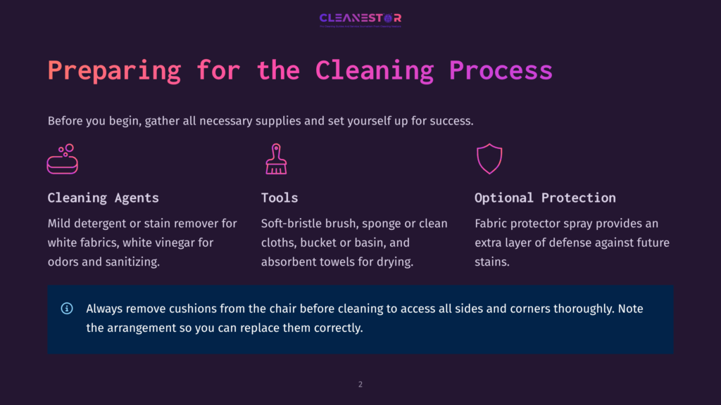 2 Preparing For The Cleaning Process Dark Background With The Text &Quot;Cleanestor&Quot; At The Top. Below Is The Heading &Quot;Preparing For The Cleaning Process&Quot; With Three Columns Detailing &Quot;Cleaning Agents,&Quot; &Quot;Tools,&Quot; And &Quot;Optional Protection&Quot; With Icons And Descriptions. A Blue Information Box At The Bottom Provides A Cleaning Tip.