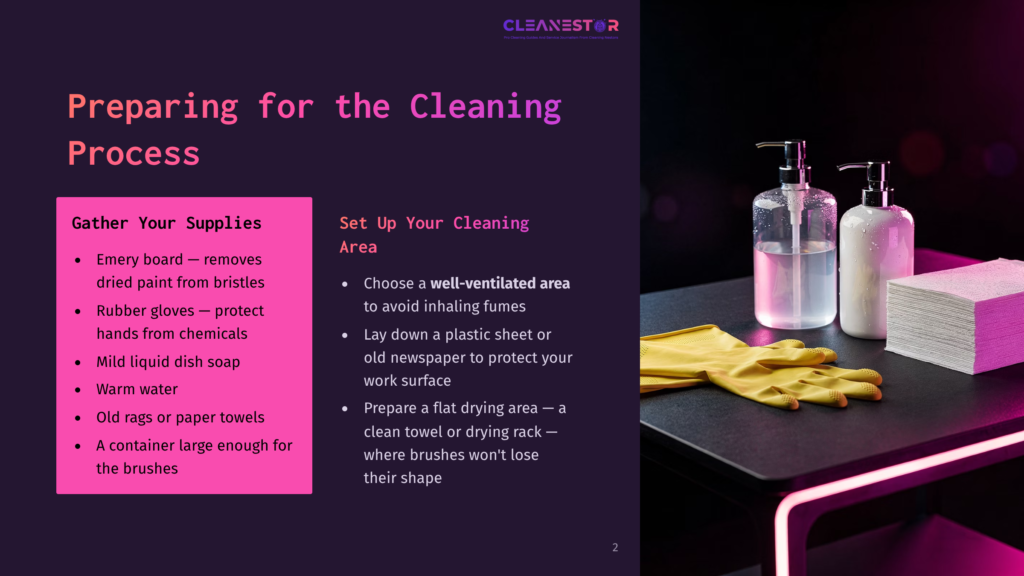 2 Preparing For The Cleaning Process 2 A Cleaning Supplies Setup With Two Pump Bottles, Yellow Rubber Gloves, And A Stack Of Paper Towels On A Dark Surface With Pink Neon Lighting. The Image Also Features Text From A Presentation Slide Titled &Quot;Preparing For The Cleaning Process.