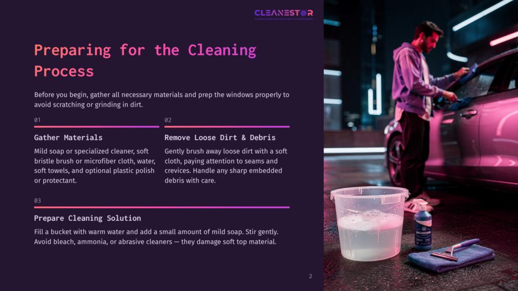 A Man In A Purple Hoodie Meticulously Cleans A Car Window With A Blue Microfiber Cloth, A Bucket Of Soapy Water And Cleaning Solution Nearby. Text On The Left Outlines Car Cleaning Steps: &Quot;Gather Materials,&Quot; &Quot;Remove Loose Dirt &Amp; Debris,&Quot; And &Quot;Prepare Cleaning Solution.