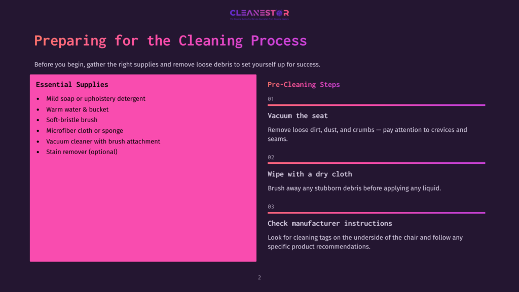 A Dark Purple Background With A Title &Quot;Preparing For The Cleaning Process&Quot; And Two Columns Of Text. The Left Column, &Quot;Essential Supplies,&Quot; Lists Items Like Mild Soap, Warm Water, A Soft Brush, Microfiber Cloth, Vacuum Cleaner, And Stain Remover. The Right Column, &Quot;Pre-Cleaning Steps,&Quot; Outlines Vacuuming The Seat, Wiping With A Dry Cloth, And Checking Manufacturer Instructions.