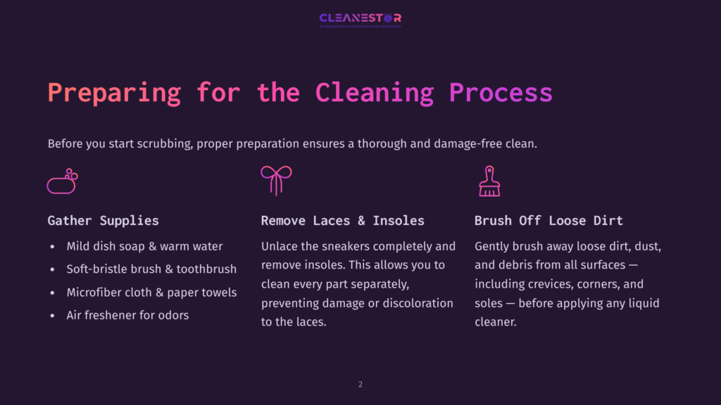 Illustration Of Cleaning Supplies For Shoes: Mild Dish Soap, Soft-Bristle Brush, Microfiber Cloth, And Air Freshener.