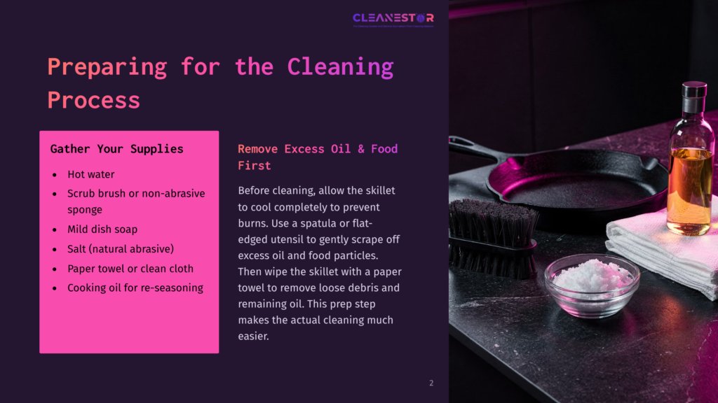 2 Preparing For The Cleaning Process 6 A Cast Iron Skillet Sits On A Dark Countertop Next To A Bottle Of Cooking Oil, A Bowl Of Salt, And Cleaning Brushes, With Text Overlay &Quot;Cleanestar Preparing For The Cleaning Process&Quot;.