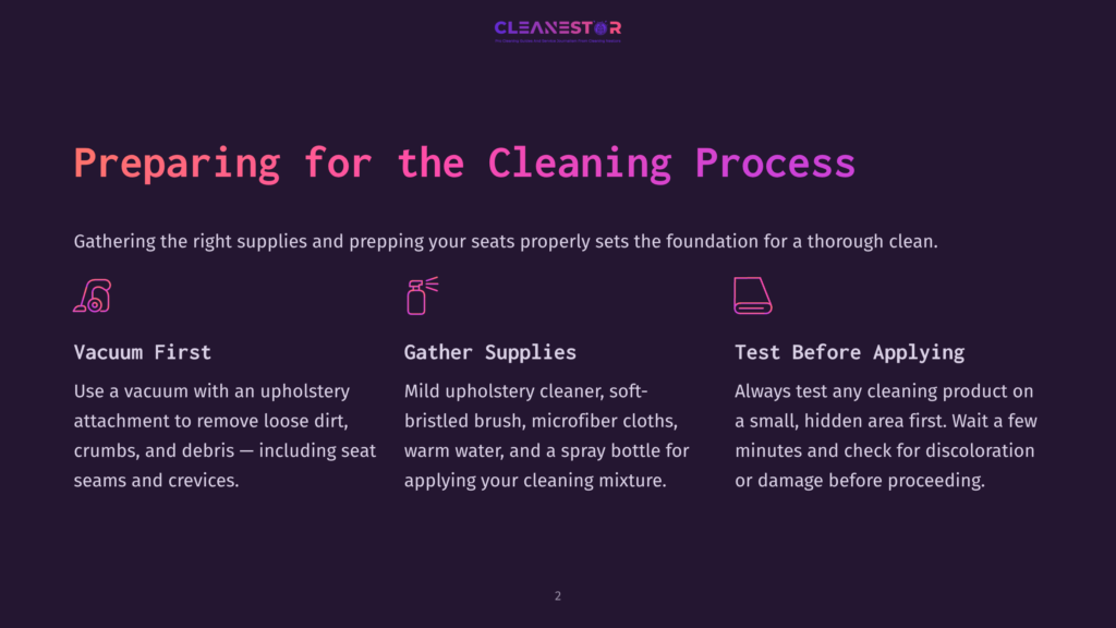 Infographic Titled &Quot;Preparing For The Cleaning Process&Quot; With Sections On Vacuuming First, Gathering Supplies, And Testing Before Applying. Each Section Includes An Icon And A Brief Description Of The Process Steps.