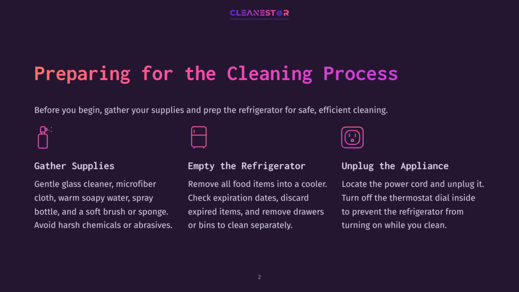 Illustration Of Three Icons Representing Steps For Preparing To Clean A Refrigerator: A Spray Bottle For Gathering Supplies, A Refrigerator Icon For Emptying The Fridge, And A Power Plug For Unplugging The Appliance. Text Reads &Quot;Preparing For The Cleaning Process.