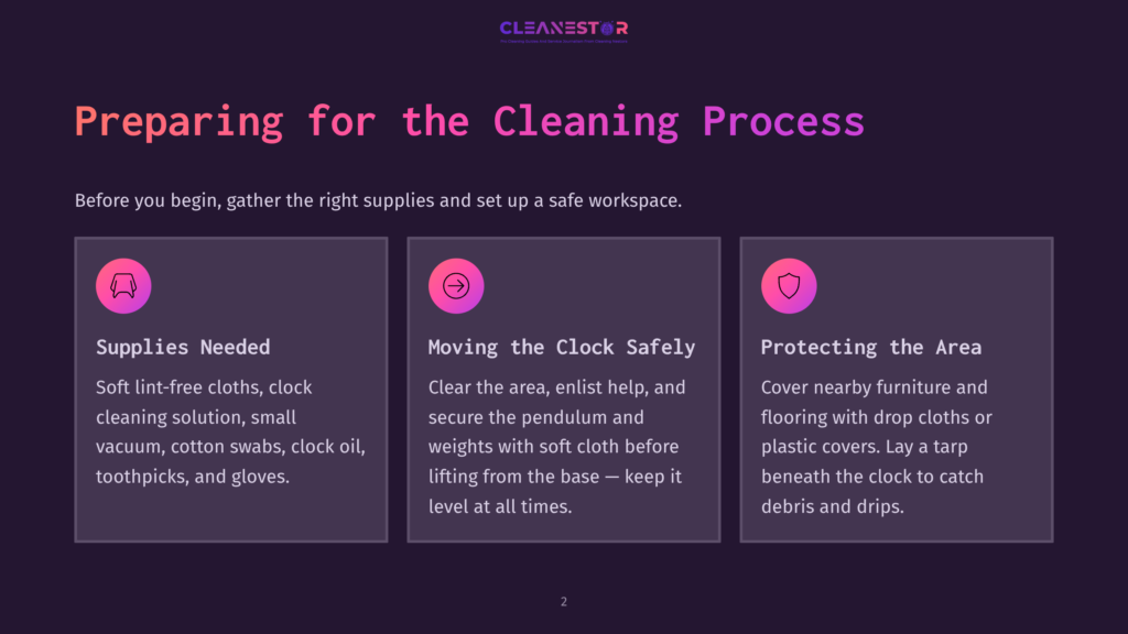 A Presentation Slide Titled &Quot;Preparing For The Cleaning Process&Quot; With Three Sections: &Quot;Supplies Needed,&Quot; &Quot;Moving The Clock Safely,&Quot; And &Quot;Protecting The Area.