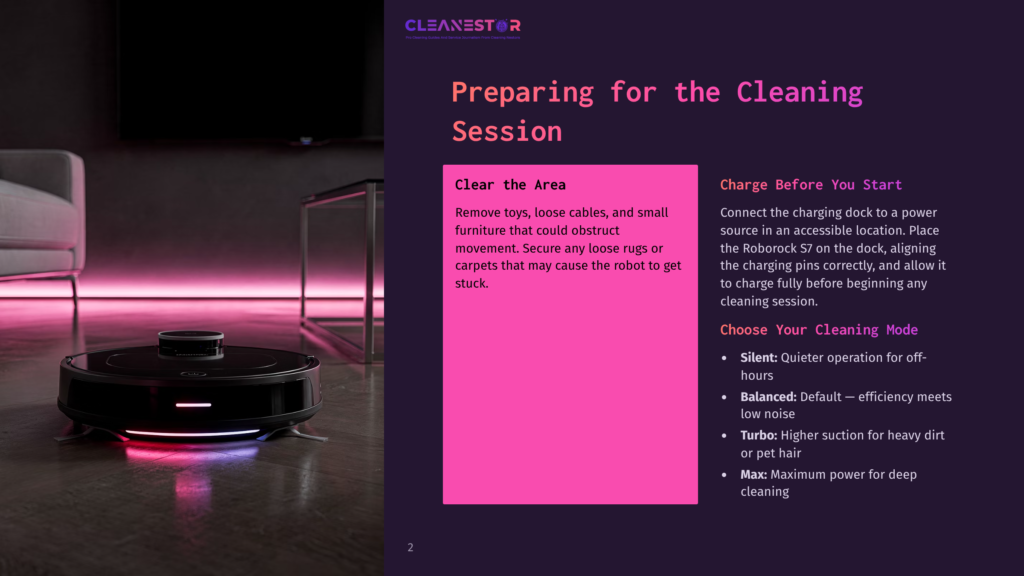 A Modern, Sleek Black And Silver Robotic Vacuum Cleaner With Illuminated Led Lights On A Polished Wooden Floor, Next To A Text Guide On Preparation For A Cleaning Session.
