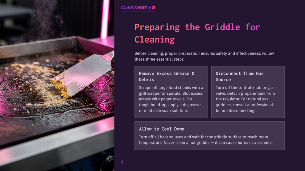 A Metal Spatula Scrapes A Griddle, Removing Food Debris. The Griddle Has A Pinkish Glow From Overhead Lighting, With The Cleanestor Logo Visible In The Top Left Corner.