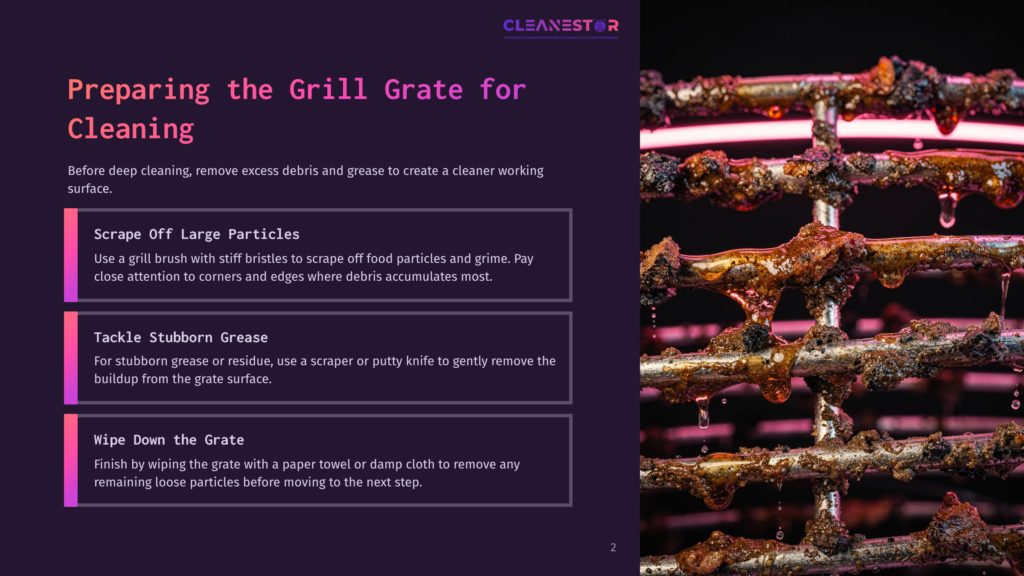 2 Preparing The Grill Grate For Cleaning A Heavily Soiled Grill Grate, Covered In Thick, Greasy Residue And Charred Food Particles, Drips With Grease Under Bright Lights. Text Overlay Reads &Quot;Cleanestor&Quot; And &Quot;Preparing The Grill Grate For Cleaning.