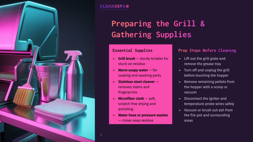 2 Preparing The Grill And Gathering Supplies Grill Cleaning Supplies: A Grill Brush, Spray Bottle, Bucket With Soap And Water, And Microfiber Cloths, Illuminated By Pink And Purple Lights.