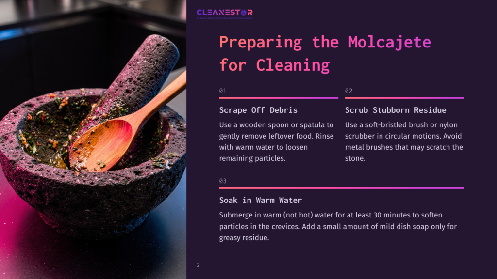 A Close-Up Of A Stone Molcajete With A Wooden Spoon Inside, Showing Remnants Of Food And Spices. The Image Is Part Of A &Quot;Preparing The Molcajete For Cleaning&Quot; Guide, With Text Overlayed.