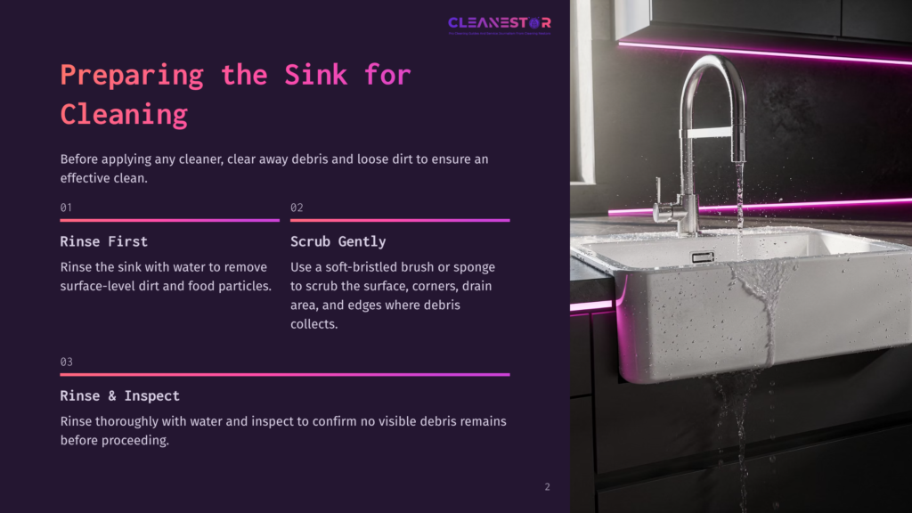 A Modern White Sink Is Being Rinsed With Water, With Droplets Splashing. The Image Is Part Of A &Quot;Cleanestor&Quot; Guide On Preparing A Sink For Cleaning, Featuring Text About Rinsing And Scrubbing.