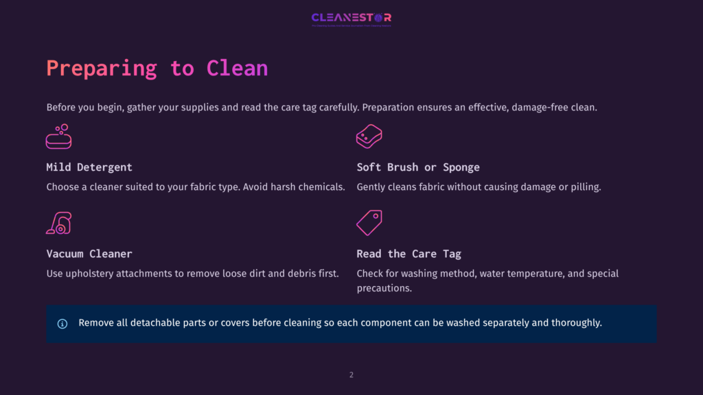 Infographic Titled &Quot;Preparing To Clean&Quot; With Icons And Text For Mild Detergent, Soft Brush Or Sponge, Vacuum Cleaner, And Read The Care Tag, Advising On Fabric Cleaning Preparation.