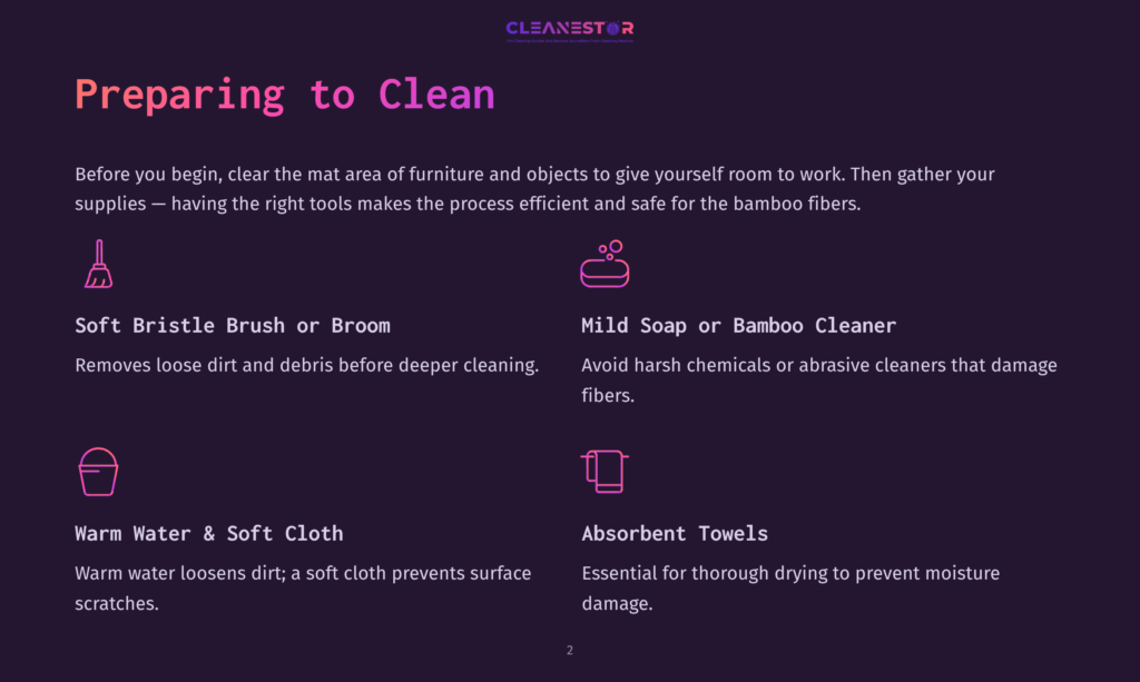 Preparing To Clean Bamboo Fibers: Soft Bristle Brush, Mild Soap, Warm Water, Soft Cloth, And Absorbent Towels Are Shown. Text Highlights Cleaning Tips.
