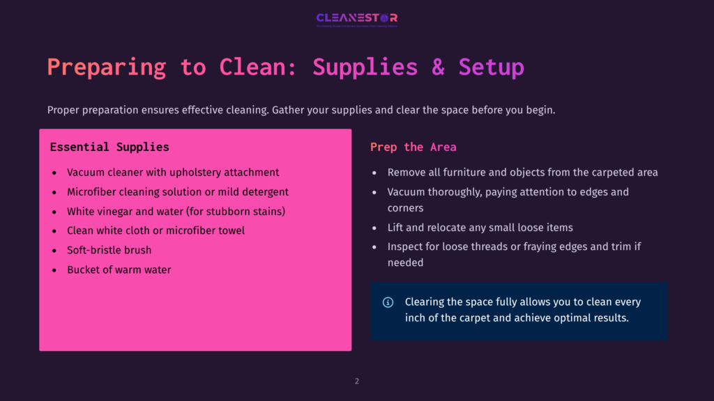 2 Preparing To Clean Supplies And Setup Presentation Slide Titled &Quot;Preparing To Clean: Supplies &Amp; Setup&Quot; With Two Columns: &Quot;Essential Supplies&Quot; Listing Cleaning Items And &Quot;Prep The Area&Quot; Detailing Preparation Steps.