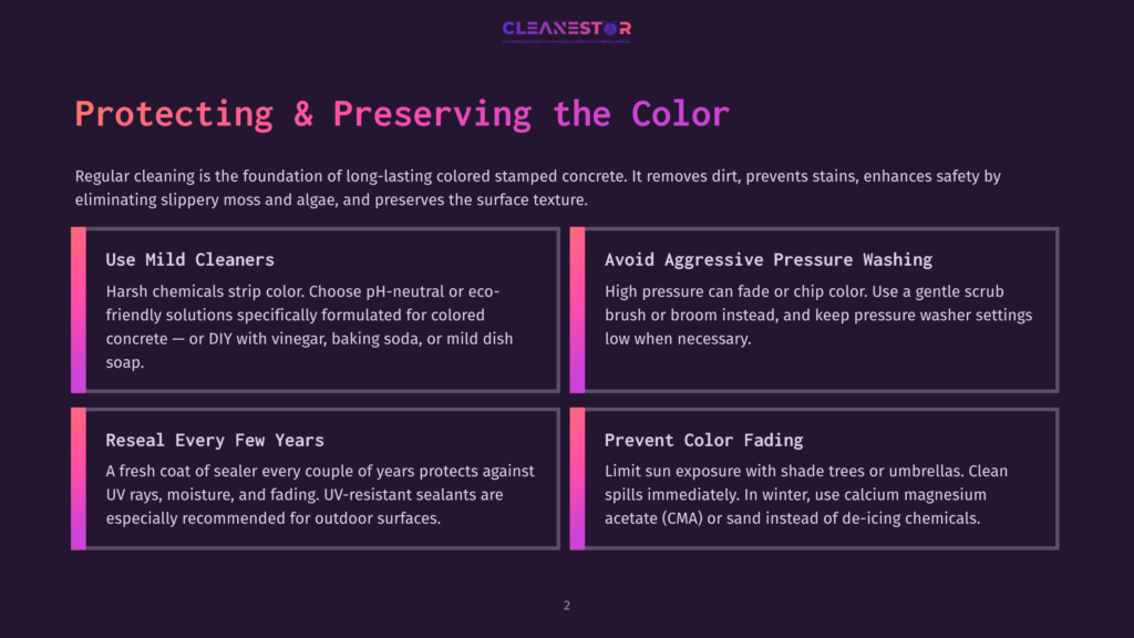 A Graphic With Four Panels Offering Advice On Protecting And Preserving Colored Concrete. The Panels Cover Using Mild Cleaners, Avoiding Aggressive Pressure Washing, Resealing Every Few Years, And Preventing Color Fading.