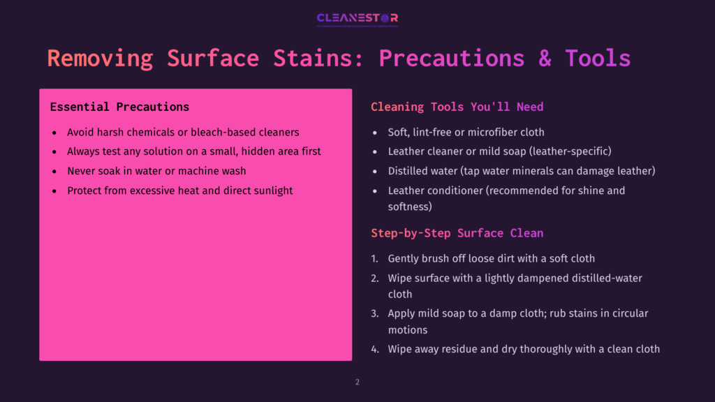 2 Removing Surface Stains Precautions And Tools Infographic Titled &Quot;Removing Surface Stains: Precautions &Amp; Tools&Quot; Lists Essential Precautions Like Avoiding Harsh Chemicals And Testing Solutions, And Cleaning Tools Such As Soft Cloths And Leather Conditioner.